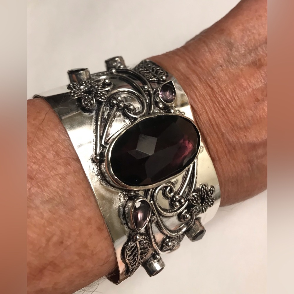 Amethyst Stamped Solid 925 Sterling Silver Cuff Bracelet